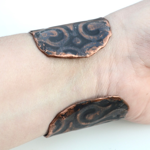 Solid Copper Filigree Wide Cuff Bracelet Damask Patina Embossed Handmade Custom - Picture 6 of 8
